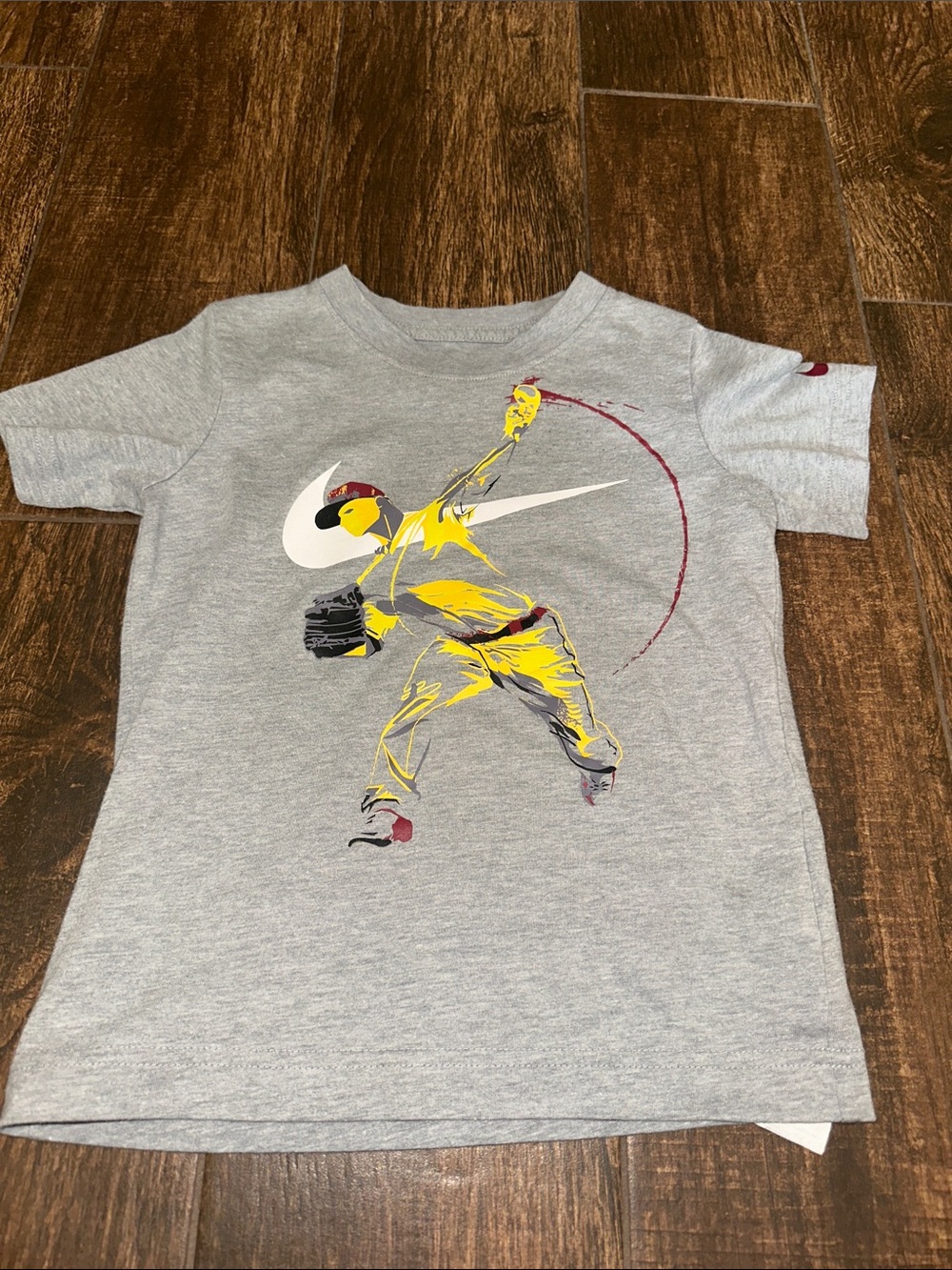 Nike Gray Tee with Yellow & Maroon Pitcher Graphic baseball theme athletic shirt